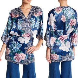 Midnight blue silk feel kimono wrap top